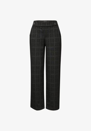 Herenmode vervaardigde wijdvallende broek in donkergrijs met een ruitpatroon, voorzien van een zachte textuur, knoopaccenten op de tailleband en een rechte snit.