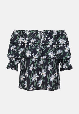 Blusa scollata con strati arricciati, tessuto nero con stampa floreale bianca e foglie verdi, scollatura elastica e maniche corte a sbuffo.
