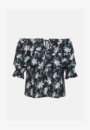 Off-shoulder bluse med volanger, sort stoff med hvit blomstertrykk og grønne blader, elastisk halsringning og korte puffermer.