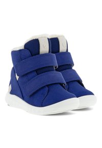 Blå höga sneakers med två kardborremattor, mjukt innerfoder, meshaccent och vita gummisulor. Strukturerad tyg med vadderad krage.
