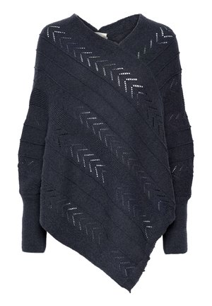 Poncho de un albastru închis, cu decolteu în V, având rânduri diagonale de motive herringbone și tricot texturat. Material moale, cu mâneci lungi.