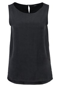 Top senza maniche nero realizzato in tessuto liscio, con scollatura rotonda e un piccolo dettaglio a forma di occhiello sul retro. Design aderente.