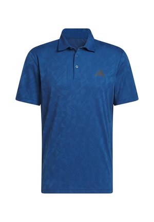 Blauw poloshirt met korte mouwen, een subtiel geometrisch patroon en een twee-knopensluiting, met een klein Adidas-logo op de linkerborst.
