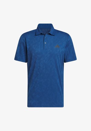 Camiseta polo azul de manga corta con un sutil patrón geométrico y una tapeta con dos botones, con un pequeño logotipo de Adidas en el pecho izquierdo.