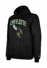 Black hoodie featuring a "Charlotte" graphic and a stylized hornet logo in teal and white. Includes a kangaroo pocket and drawstring hood.