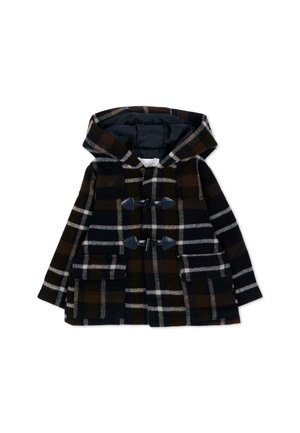 Cappotto duffle per bambini con cappuccio, motivo a quadri marrone scuro, nero e bianco e chiusure con bottoni a fungo neri.