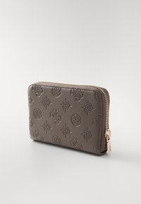 Portofel gri embosat cu modele florale, elemente de fermoar aurii și o suprafață texturată. Formă compactă, rectangulară, potrivită pentru carduri și bancnote.