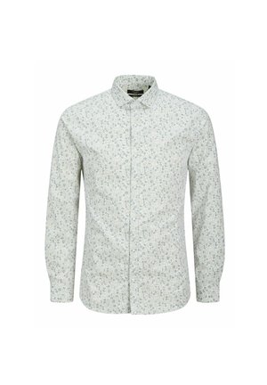 Chemise boutonnière vert clair avec un motif floral, manches longues, col pointu et une texture de tissu lisse et léger.