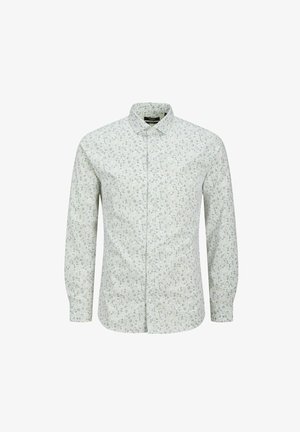 Gaiši zaļš krekls ar ziedu rakstu, garām piedurknēm, punktētu apkakli un gludu, vieglu auduma tekstūru.