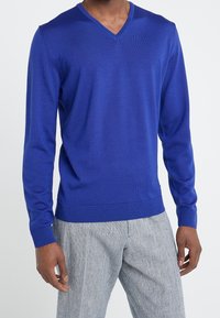 Blauer gestrickter V-Ausschnitt-Pullover mit langen Ärmeln sowie Rippbündchen und -saum. Kombiniert mit hellgrauen, strukturierten Hosen.