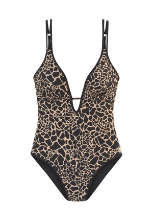 Einteiler-Badeanzug mit einem Leopardenmuster in Beige und Schwarz, tiefem V-Ausschnitt, verstellbaren Trägern und einem kleinen goldenen Akzent in der Taille.