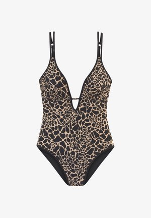 Maillot de bain une pièce avec un motif léopard en tan et noir, doté d'un décolleté en V profond, de bretelles réglables et d'un petit accent doré à la taille.
