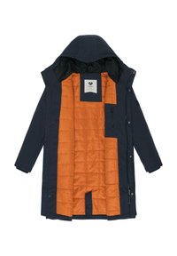 Námořnická modrá parka s podšívkou vequiltné oranžové barvě. Disponuje odnímatelnou kapucí, předním zipem a kapsou na hrudi.