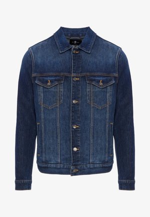 Granatowa kurtka dżinsowa o klasycznym wzorze. Posiada zapinanie na guziki z przodu, dwie kieszenie na piersiach oraz kontrastowe żółte przeszycia.