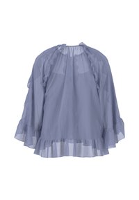 Light blue chiffon top with ruffled accents, a high neckline, and flowing bell sleeves. Textured surface adds visual interest.