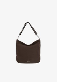 Bolso de hombro de ante marrón oscuro con correa ajustable y herrajes de plata, con la marca "RYŁKO" en el centro frontal.