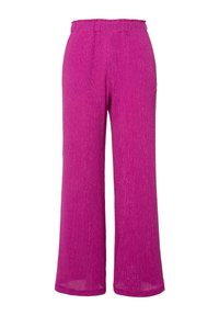 Lichte, wijde broek in levendig roze. Heeft een gestructureerde stof met een hoge elastische tailleband. De zoom is iets doorschijnend.