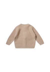 Beige gebreide trui met een ronde ribbelboord halslijn, lange mouwen en ribbelboorden aan de mouwen en onderkant, met een gestructureerd stofpatroon.