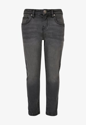 Jeans de mezclilla negra con un diseño ajustado, cinco bolsillos y cierre de botón. Presenta un ligero desvanecimiento y detalles de costura a lo largo de las costuras.