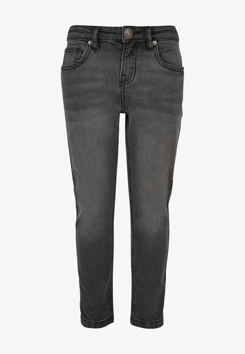 Jeans de mezclilla negra con un diseño ajustado, cinco bolsillos y cierre de botón. Presenta un ligero desvanecimiento y detalles de costura a lo largo de las costuras.