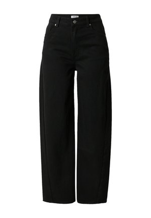 Jean noir à jambes larges en denim, doté d'une taille haute, d'une fermeture à bouton à l'avant et de deux poches latérales. Design épuré sans motifs visibles.