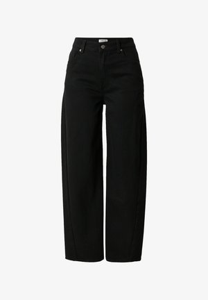 Jean noir à jambes larges en denim, doté d'une taille haute, d'une fermeture à bouton à l'avant et de deux poches latérales. Design épuré sans motifs visibles.