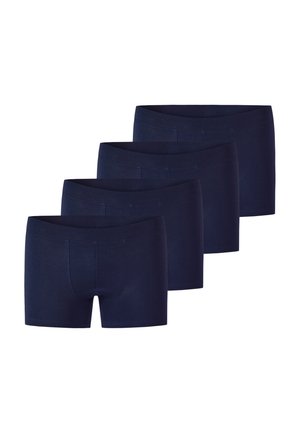 Mørkeblå boxer briefs lavet af blødt stof, med en tætsiddende pasform, elastisk talje og syninger for holdbarhed. Fire par arrangeret.