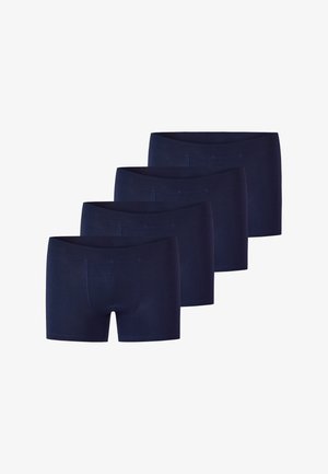 Boxer-briefs bleu marine en tissu doux, offrant un ajustement snug, une taille élastique et des détails de couture pour la durabilité. Quatre paires disposées.