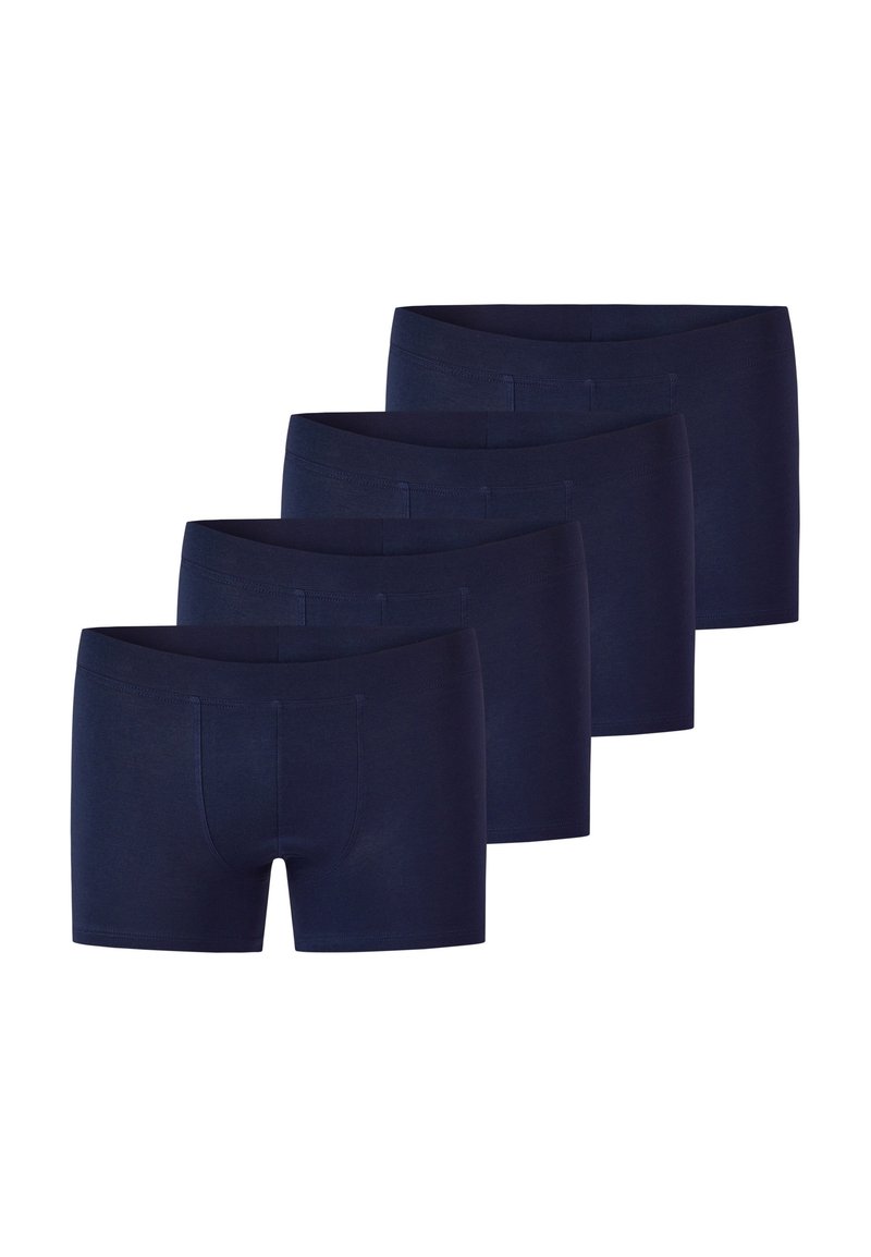 Mörkblå boxerkalsonger i mjukt material, med en åtsittande passform, elastiskt midjeband och sömdetaljer för hållbarhet. Fyra par arrangerade.