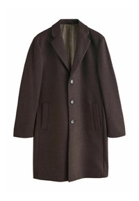 Dunkelbrauner Wollmantel mit gekerbten Revers, drei vorderen Knöpfen, zwei seitlichen Leistentaschen und einem gesteppten Innenfutter.