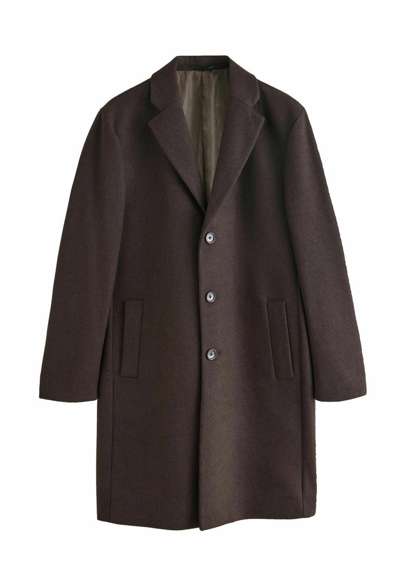 Dunkelbrauner Wollmantel mit gekerbten Revers, drei vorderen Knöpfen, zwei seitlichen Leistentaschen und einem gesteppten Innenfutter.