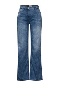 Vaqueros de pierna ancha azul claro con cintura alta, hechos de denim. Presenta un cierre de botón, cinco bolsillos y un lavado desgastado con una sutil textura.