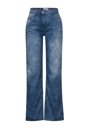 Lichtblauwe jeans met een hoge taille en wijde pijpen, gemaakt van denim. Beschikt over een knoopsluiting, vijf zakken en een vervaagde wassing met subtiele textuur.