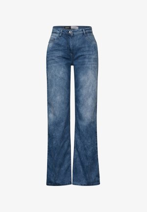 Jeans large bleu clair à taille haute, en denim. Comprend une fermeture à bouton, cinq poches et un délavage avec une texture subtile.