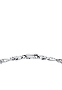 Bracciale d'argento caratterizzato da anelli intrecciati con una finitura lucida. Dettaglio del fermo notevole per una chiusura sicura. Superficie liscia in tutto il bracciale.