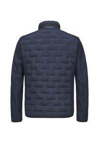 Marineblaue Steppjacke mit gesteppter Textur auf der Rückseite, glatten Seiten, hohem Kragen und dezentem Logo am Nacken. Entwickelt für Wärme und Komfort.