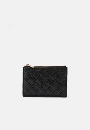 Black leather wallet with woven surface, rectangular shape, and a gold-tone zipper. Features a textured pattern for grip and style.