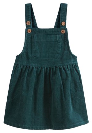 L'robe salopette en velours côtelé vert foncé pour tout-petits, avec une poche avant et des bretelles ajustables en bois.