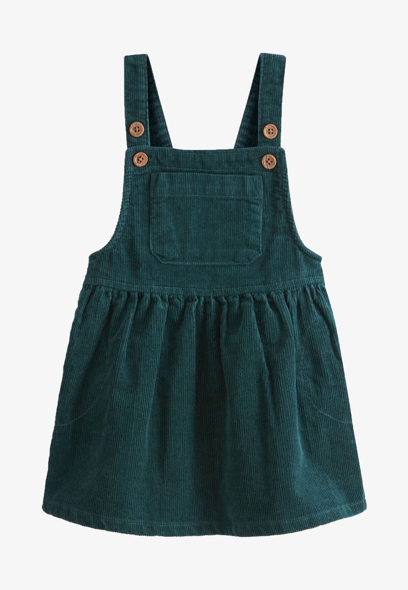 L'robe salopette en velours côtelé vert foncé pour tout-petits, avec une poche avant et des bretelles ajustables en bois.