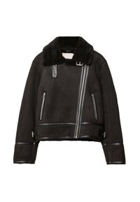 Czarna kurtka z owczej wełny z szerokim kołnierzem, asymetrycznym zamkiem błyskawicznym, dwiema przednimi kieszeniami oraz skórzanymi akcentami u dołu i przy mankietach.