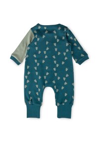 Teal baby onesie with light green sleeves. Features a tulip pattern in cream. Made of soft fabric with cuffed sleeves and legs.