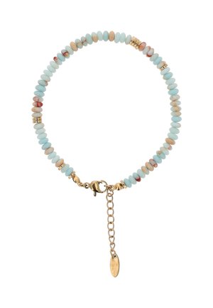 Brățară cu mărgele mici rotunde albastre și bej, intercalate cu mărgele spațiale aurii și închizătoare tip lobster aurie cu lanț reglabil.