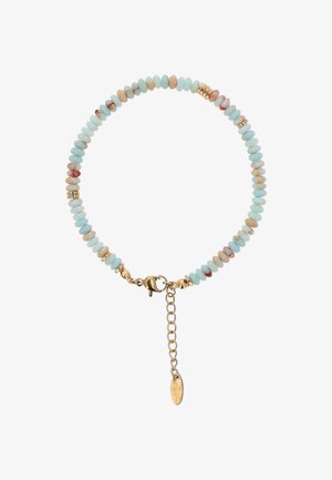 Karkötő kis kerek kék és bézs gyöngyökkel, arany színű elválasztó gyöngyökkel megszakítva, valamint arany színű rákkapoccsal és állítható lánccal.