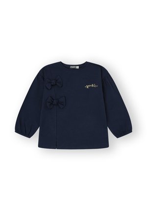 Top de manga larga azul marino hecho de material suave, con dos lazos de tela y detalle en texto dorado "brillante" en la parte frontal.