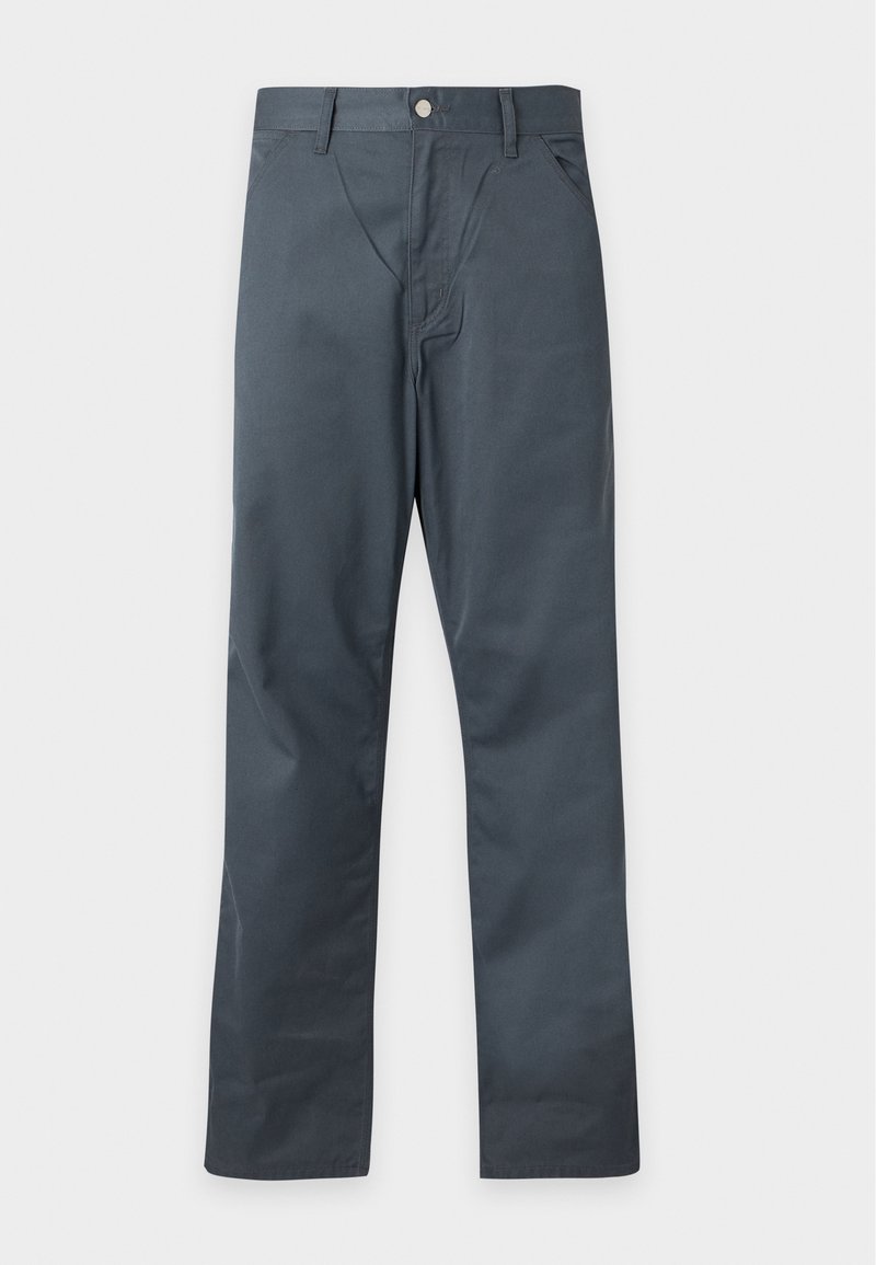 Pantalon droit bleu foncé avec fermeture avant par bouton et zip, poches latérales et passants de ceinture, présenté sur un fond clair uni.