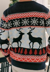 Gestrickter Pullover mit einem gemusterten Design aus schwarzen Rentieren, weißen Schneeflocken, roten und blauen geometrischen Elementen sowie einem gerippten schwarzen Kragen.