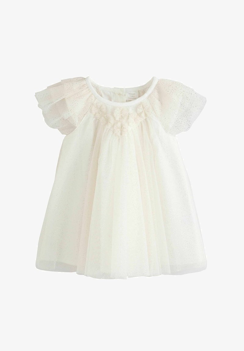 White baby dress with short puffed glitter tulle sleeves and floral embroidery on the bodice.