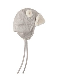 Gray fabric hat with plush ear flaps and pom-pom details, featuring chin ties for secure fit. Soft texture suitable for cold weather.