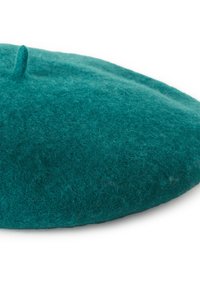 Tyrkysová beretka s kulatým tvarem a malou horní tabulkou. Povrchová textura je měkká a hebká, s drobnými barevnými variacemi.