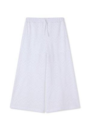 Pantaloni bianchi a gamba larga con motivo in pizzo a forma di zigzag e vita elastica con coulisse anteriore.